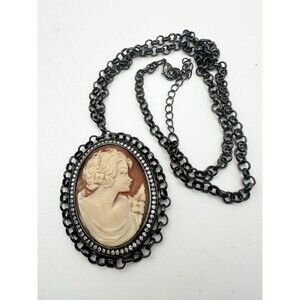 Amedeo Hand Carved Shell Cameo CZ Accent Gunmetal Necklace Pendant 24” Long